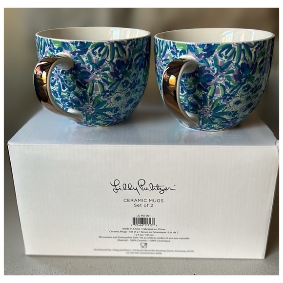 Lilly Pulitzer Set: 2 Oversized Mugs
"Lion Around" Blue Floral Gold Trim NIB - Picture 4 of 16